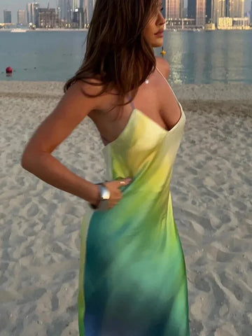 MQTIME  -  Women's Summer Boho Cami Long Dress Gradient Color Spaghetti Strap V-Neck Backless Beachwear Party Maxi Sundress